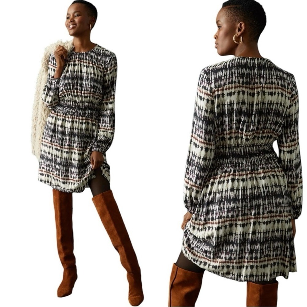 Bella Dahl Brown Black White Tie Dye Smocked Waist Ecovera‎ Mini Dress M